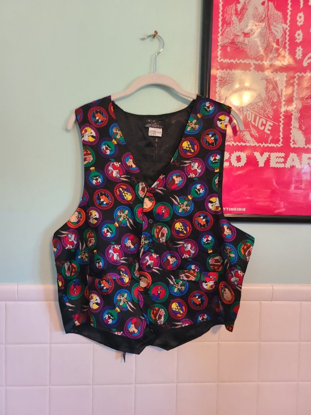 Vintage 90s Looney Tunes Black Vest 100% Silk Unisex Size Small - Picture 8 of 9
